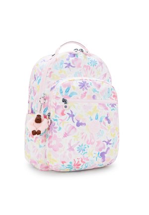 Zaino con stampa floreale caratterizzato da colori pastello, una tasca anteriore con zip e un charm di animale in peluche sul lato. Realizzato in tessuto resistente.