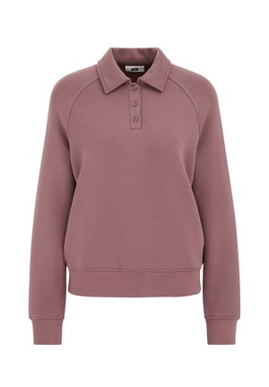 Licht mauve pullover met kraag, drieknoopssluiting en geribbelde boorden en zoom. Zacht materiaal met een gladde textuur.