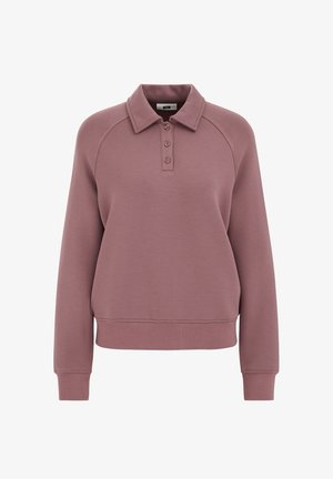 Bledoljubičasti pulover s ovratnikom, plisa s tri gumba i rebrastim manžetnama i rubom. Mekani materijal s glatkom teksturom.