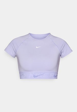 Purple athletic crop top with short sleeves. Features ribbed hem with a patterned design and a white Nike logo on the chest.