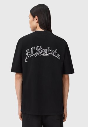 Sort bomulds-T-shirt med rund hals og afslappet pasform. Har hvidt scriptlogo "All Saints London" broderet på ryggen.