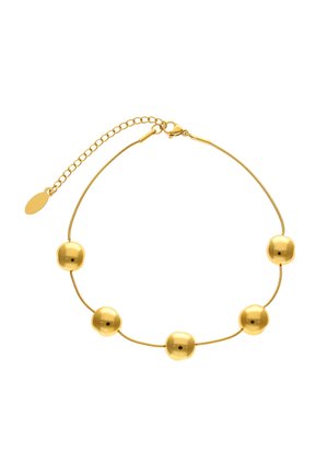 Gouden armband met vijf afgeronde kralen gelijkmatig verdeeld op een dunne ketting en een karabijnsluiting met een verstelbare verlengketting.