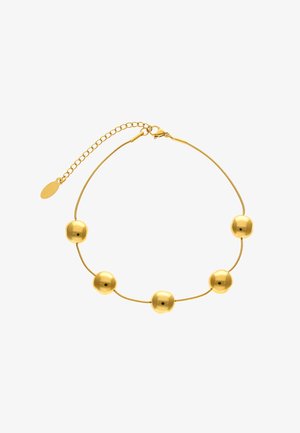 Gouden armband met vijf afgeronde kralen gelijkmatig verdeeld op een dunne ketting en een karabijnsluiting met een verstelbare verlengketting.