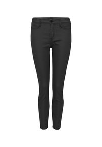 Pantalon slim noir avec bouton et fermeture éclair à l'avant, avec passants de ceinture et poches avant, présenté sur fond blanc.