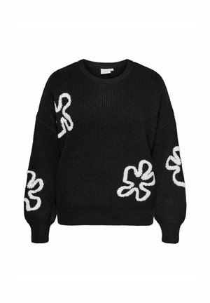 Pull en tricot noir avec une coupe décontractée, arborant un tissu texturé et des broderies blanches en forme de fleurs sur le devant et les manches.