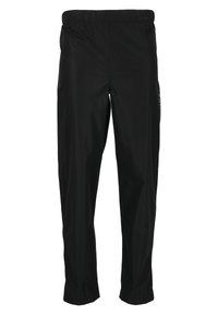 Zwarte waterdichte broek met een elastische tailleband, taps toelopende benen, een gladde textuur en een logo-accent aan de zijkant. Geschikt voor gebruik buitenshuis.