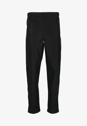 Sorte vandtætte bukser med elastisk talje, indsnævrede ben, glat tekstur og et logoaccent på siden. Velegnet til udendørs brug.