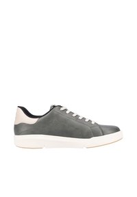 Gray leather sneaker with beige accents, subtle texture, round toe, white rubber sole, and flat laces, featuring a low-profile design.