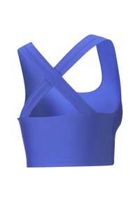 Sports-BH i livlig blå, med kryssede stropper, en tettsittende design, glatt tekstur og rund hals.