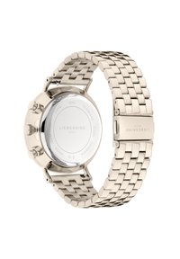 Zilveren roestvrijstalen horloge met een mesh armband, een ronde kast en knoopaccenten. Heeft een gladde, reflecterende achterkant met gegraveerde details.