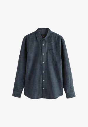 Langærmet ternet skjorte i mørkeblå og grønne nuancer, lavet af blødt stof, med knaplukning og brystlomme.