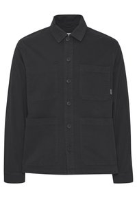 Black jacket made of cotton blend, featuring a button front, point collar, two chest pockets, and two lower pockets, with a straight cut.