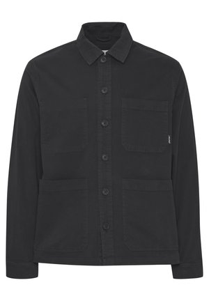 Black jacket made of cotton blend, featuring a button front, point collar, two chest pockets, and two lower pockets, with a straight cut.