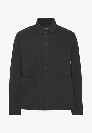 Giacca nera in misto cotone, con chiusura a bottoni, colletto a punta, due tasche sul petto e due tasche inferiori, dal taglio dritto.