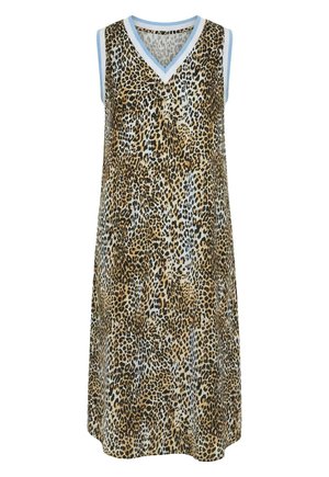 Abito lungo senza maniche con scollatura a V, stampa leopardata e bordo azzurro chiaro su collo e spalline, su sfondo bianco.