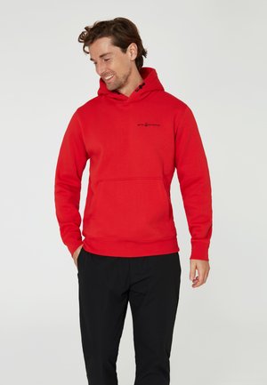 Rood hoodie met een kangoeroezak en geribbelde manchetten, met een klein zwart logo op de borst. Zachte, katoenmix stof.