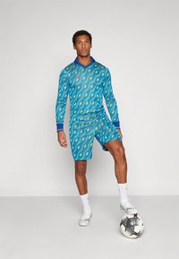 Blaues langärmliges Fußballtrikot mit Rautenmuster in Grün und Gelb, passende Shorts und blaue Akzente. Spieler steht auf einem Fußball.