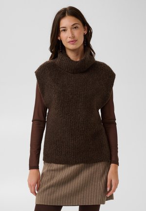 Femme aux longs cheveux foncés portant un gilet en tricot marron sans manches sur un haut marron à manches longues et une jupe marron à fines rayures.