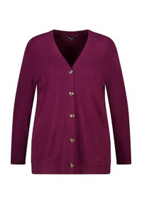 Bordeaux cardigan met een v-hals en lange mouwen. Kenmerkt zich door hartvormige gouden knopen aan de voorkant en een zachte, gehaakte stof.
