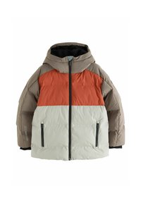 Doudoune avec capuche, blocs de couleur beige, rouille et gris pâle, poches zippées et matériau texturé pour l'isolation.