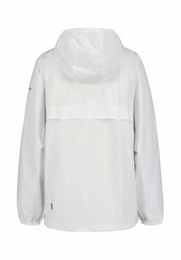 Valkoinen, kevyt takki, jossa on huppu, pitkät hihat ja joustavat hihansuut. Takissa on vaakasuora valkoinen paneeli yläselässä.