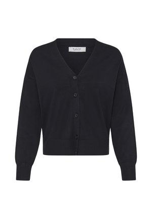 Black cardigan with a V-neckline, six buttons down the front, and long sleeves. Made from a smooth, soft knit fabric with a cropped cut.