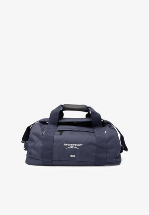 Sac de voyage bleu marine de 30L en tissu résistant, avec deux poignées, une sangle d'épaule réglable, un logo blanc et une fermeture éclair. Texturé pour une bonne prise.