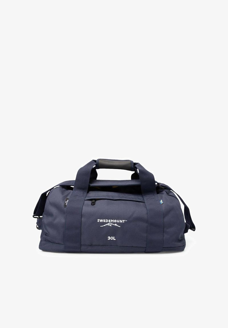 30L navy duffel bag with durable fabric, dual handles, adjustable shoulder strap, white logo, and zipper closure. Textured for grip.