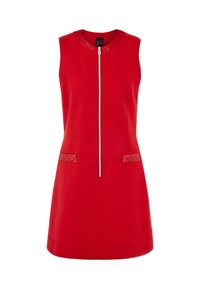 Rotes ärmelloses Kleid mit rundem Ausschnitt, frontalem Reißverschluss und gesteppten Seitentaschen. Hergestellt aus glattem Stoff mit einer strukturierten Passform.