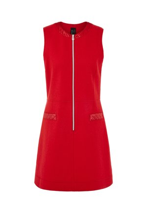 Red sleeveless dress with a rounded neckline, front zipper, and quilted side pockets. Made of smooth fabric with a structured fit.