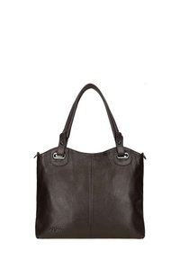 Borsa a tracolla in pelle marrone scuro con finitura texture, due manici, dettagli metallici e chiusura con zip. Presenta un logo sottile sul lato.