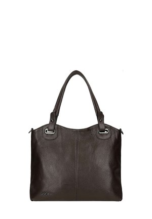 Borsa a tracolla in pelle marrone scuro con finitura texture, due manici, dettagli metallici e chiusura con zip. Presenta un logo sottile sul lato.