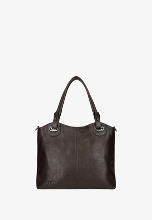Donkerbruine leren handtas met een gestructureerde afwerking, twee handvatten, metalen accenten en een ritsluiting. Bevat een subtiele logo aan de zijkant.