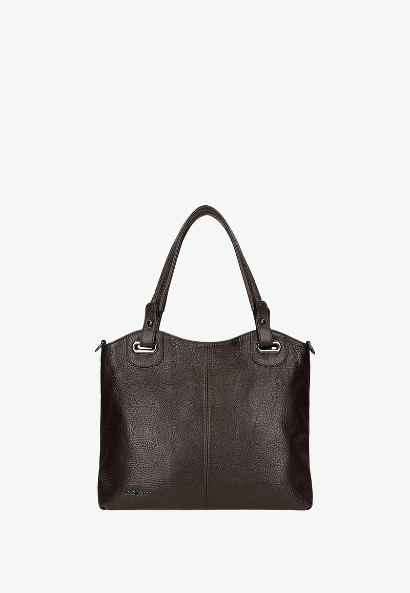 Borsa a tracolla in pelle marrone scuro con finitura texture, due manici, dettagli metallici e chiusura con zip. Presenta un logo sottile sul lato.