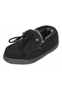 Black suede slipper with fur lining, lace-up front, stitched detailing, and rubber sole. Features a decorative metal accent.
