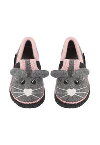 Zapatillas grises de felpa con acentos rosas, con forma de cara de gato. Incluyen bigotes cosidos, orejas y ojos de botón. Diseño de suela plana.