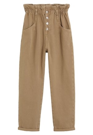 Pantalon beige taille haute avec une taille élastique paperbag, quatre boutons devant, poches latérales et ourlet revers.
