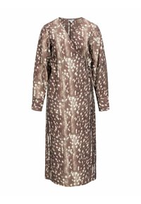 Robe portefeuille à manches longues en tissu marron avec un motif tacheté. Le design comprend un décolleté plongeant en V et une fermeture nouée à la taille.