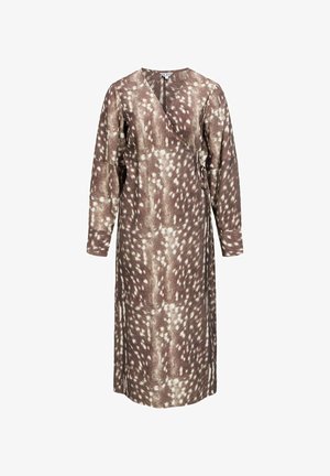 Long-sleeve, wrap dress in a brown fabric featuring a spotted pattern. The design includes a deep V-neck and tie closure at the waist.