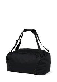Schwarze Sporttasche aus strukturiertem Nylon, mit zwei Griffen und verstellbarem Schultergurt. Mit Reißverschlusstasche auf einer Seite.