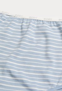 Helles blaues Baumwoll-Boxershorts mit weißen horizontalen Streifen und einem weichen Bund mit der Aufschrift "BODY". Glatte Textur mit elastischer Passform.