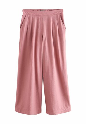 Pink wide-leg trousers with an elastic waistband, featuring side pockets and a smooth, soft texture. Tailored for a relaxed fit.