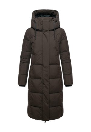 Brown quilted down coat with a high collar and hood, featuring black drawstrings and long sleeves with cuff details.