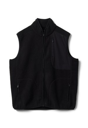 Gilet nero in pile senza maniche con zip frontale completa e tasche con cerniera sul petto e sui lati, con collo alto e tessuto strutturato.
