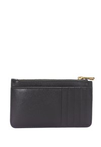 Portefeuille en cuir noir avec une finition texturée, six emplacements pour cartes, et une fermeture éclair dorée avec une languette. Forme rectangulaire compacte.