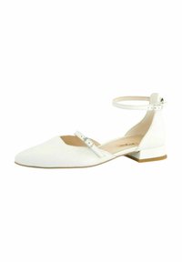 Bailarinas blancas de imitación cuero con punta afilada, tira al tobillo con hebilla y tacón bajo. Textura suave y diseño minimalista.