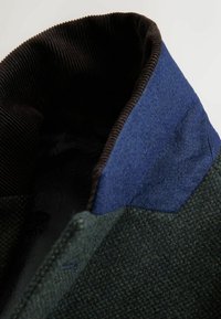 Tekstil grøn uldfrakke med en blå filtkant og brune kordfløjl detaljer indeni, der fremviser et lagdelt kravedesign og materialeforskelle.