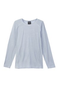 Lichtblauw overhemd met lange mouwen, gemaakt van een gestructureerde, ademende stof. Heeft een ronde hals en een subtiel logo op de borst.