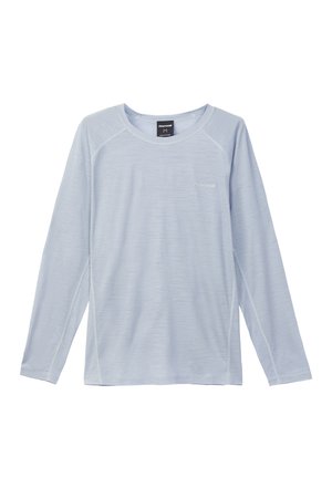 Light blue long-sleeve shirt made of a textured, breathable fabric. Features a crew neckline and a subtle logo on the chest.