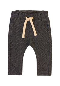 Donkergrijze herringbone jogpants met elastische tailleband, beige trekkoord, zijzakken en een ontspannen pasvorm bij de enkels.